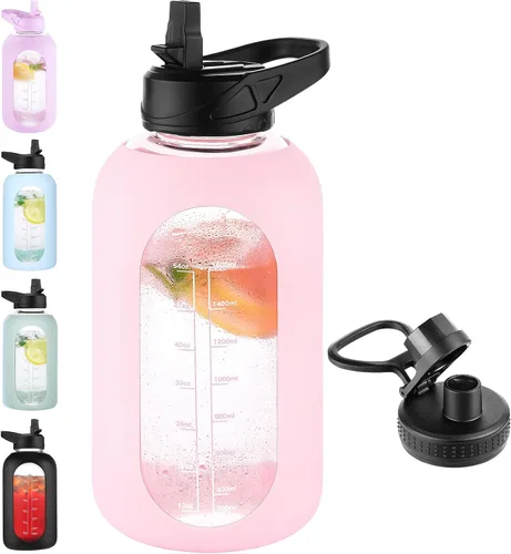 Vista 29 de EALGRO Botella de agua de vidrio de 32 onzas con popote y asa, frasco de agua motivacional deportivo con funda de silicona, taza grande a prueba