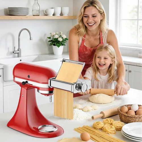 Vista 8 de Accesorio de pasta de acero inoxidable para batidora de pie KitchenAid, máquina de pasta 3 en 1 con rodillo de pasta, cortadores de espaguetis