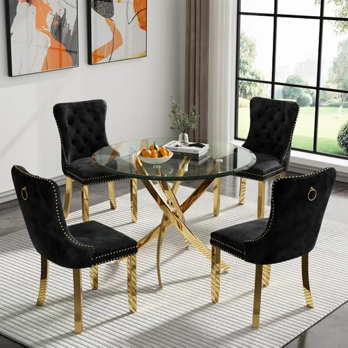 Vista 92 de Juego de mesa de comedor SSLine moderno de 3 piezas con mesa redonda de vidrio para 2, lujosa mesa de comedor circular de 36" con tapa de vidrio
