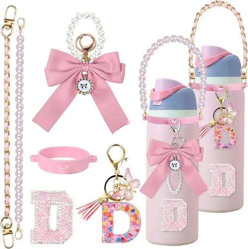 Vista 56 de 6 piezas de accesorios con letras para botella de agua Owala 24 oz 32 oz 40 oz, con lindos dijes iniciales y correa para el asa, compatible