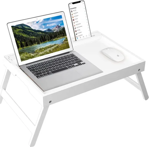 Vista 10 de Artmeer Bandeja de cama con patas plegables, bandeja de bambú para desayuno con ranura multimedia, uso como plato, escritorio para laptop