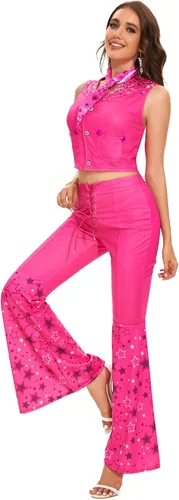 Vista 6 de Saxcdyi Disfraz de vaquera de los años 70 y 80, trajes de disco hippie de los años 70 y 80, chaleco rosa, pantalón acampanado, traje de cosplay