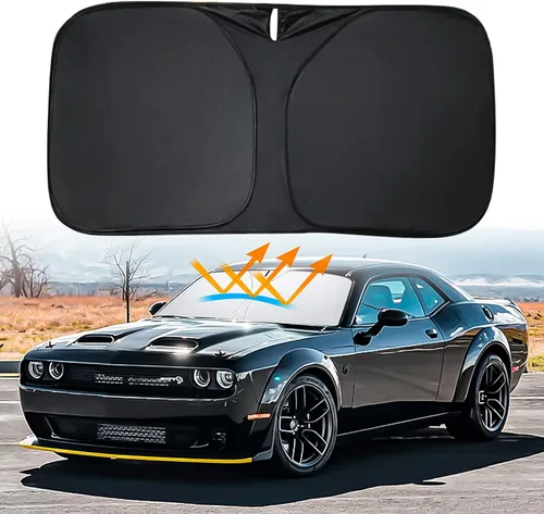 Vista 9 de D-Lumina Parasol para parabrisas con bandera de EE. UU. para Dodge Challenger 2015-2023, protector de sol frontal plegable, bloquea los rayos UV