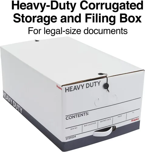 Vista 2 de STAPLES Caja de archivos resistente, tapa de cuerda y botón, legal, blanco/gris, paquete de 4