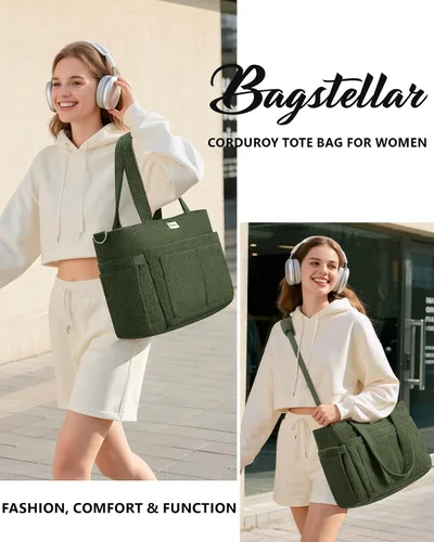Vista 8 de Bolsa tote de pana para mujeres, 17 bolsillos para laptop de trabajo, ligera, para maestras, enfermeras, bolsa de hombro bíblica para escuela