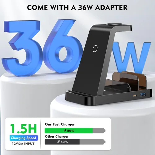 Vista 5 de Cargador inalámbrico para iPhone - Estación de carga 5 en 1 para múltiples dispositivos Apple: Soporte de carga rápida inalámbrica para iPhone 17