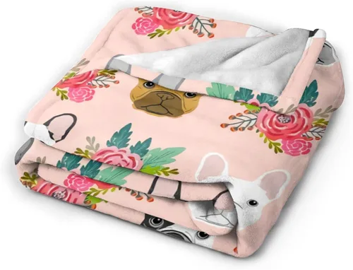 Vista 3 de Bonita manta de bulldog francés con diseño floral, suave y acogedora, manta de franela ligera y cálida de felpa para sofá, camping, oficina, viajes