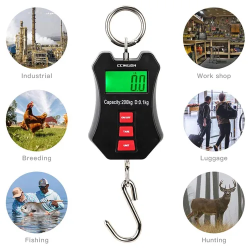 Vista 5 de 440 libras/200 kg Escala de grúa digital - Escala compacta LCD portátil para colgar para garaje, granja, caza, pesca y más (200 kg/Negro)
