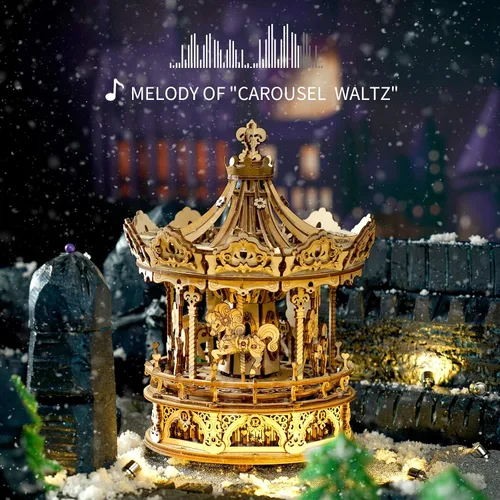 Vista 2 de ROKR Rompecabezas de madera 3D, carrusel, kits de construcción giratorios, caja de música de 5 caballos, regalo de cumpleaños de Navidad