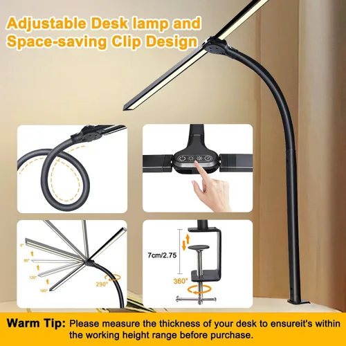 Vista 2 de lámpara de escritorio LED de doble cabezal para oficina - lámpara para el cuidado de los ojos con abrazadera, luz de escritorio de cuello de ganso
