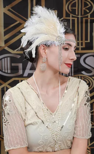 Vista 47 de Cizoe (aa) - Juego de accesorios de estilo Gatsby de la década de 1920, para mujer, diadema de estilo flapper, tocado, collar, guantes