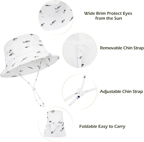 Vista 5 de Durio Sombrero de playa para bebés con protección solar FPU 50+, diseño de ala ancha para verano, sombreros de pescador para niñas y niños pequeños