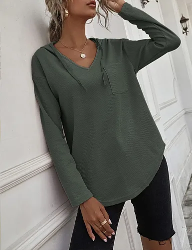 Vista 5 de Sudadera de manga larga con capucha y cuello en V, sudadera sin botones con cordón y bolsillo