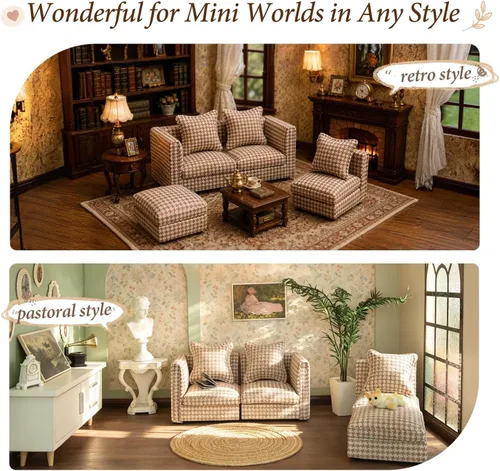 Vista 5 de iLAND Muebles de Casa de Muñecas Sofá Seccional en Miniatura para Decoración de Casa de Muñecas Compatible con Accesorios a Escala 1/12, Sofá