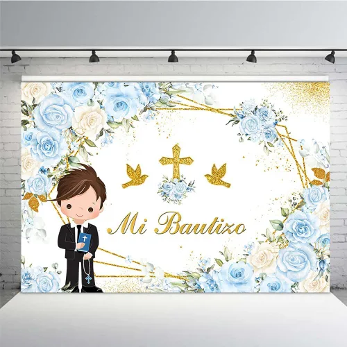Vista 8 de MEHOFOND Mi Bautizo - Telón de fondo para niña, fondo de bautismo floral rosa con cruz dorada, fondo bohemio para bautizo de primera comunión, fondo
