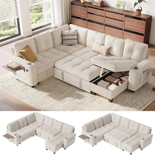 Vista 24 de LINSY HOME Modular Sectional Sofa Bed, Chenille Pull Out Couch 2 Seat Beige