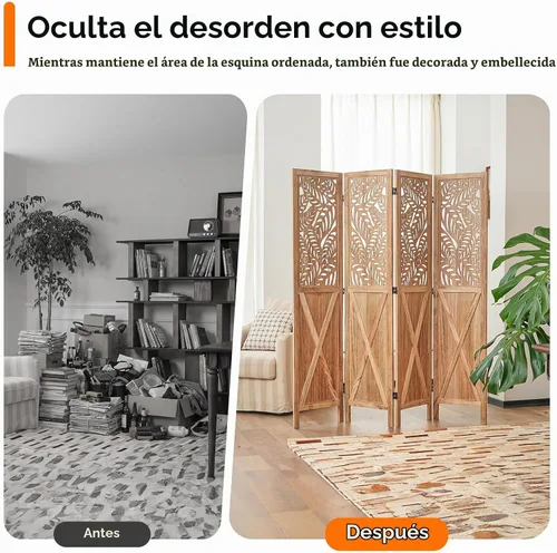 Vista 8 de JOSTYLE Divisor de habitación bohemio con tallado de hojas, pantalla de madera calada de 4 paneles, partición plegable decorativa para dormitorio