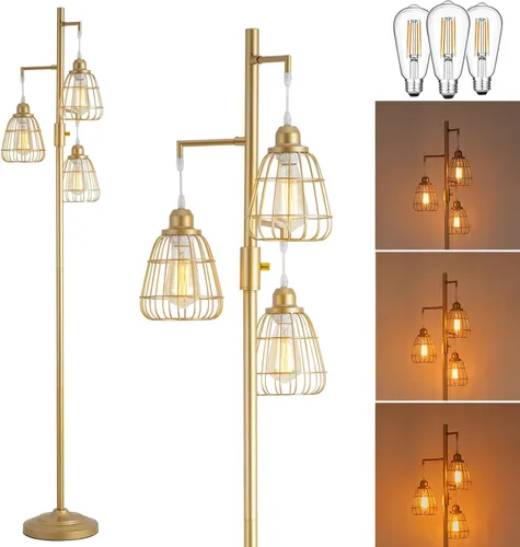 Vista 10 de 9MMML Lámpara de pie dorada regulable, lámpara de pie alta industrial dorada para sala de estar, dormitorio, oficina, pantalla de 3 jaulas