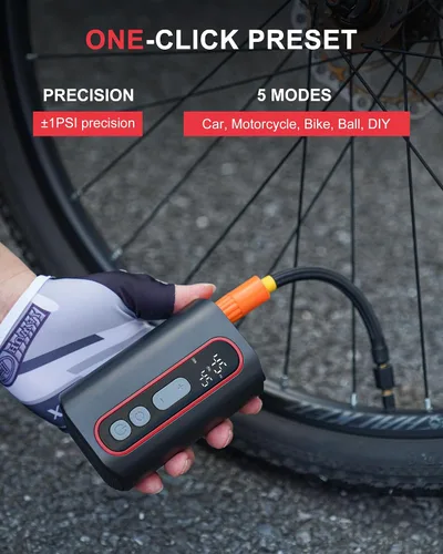 Vista 4 de Mini bomba eléctrica para bicicleta, 4 veces más rápida, bomba de neumáticos de bicicleta de 160 PSI con parada automática de calibre, bomba
