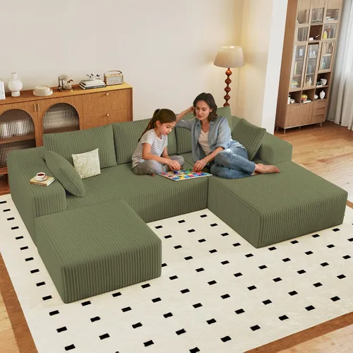 Vista 29 de Sofá modular Cloud de 95 pulgadas con otomana, moderno sofá nube en forma de U con asiento profundo, cómodo sofá de pana de 3 plazas, sofá de espuma