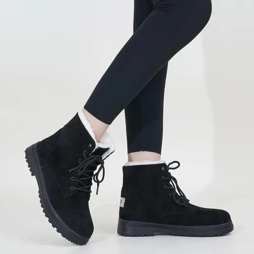 Vista 2 de HARENCE Botas de nieve de invierno para mujer botines con forro de piel cálida con cordones para caminar al aire libre botas para mujer
