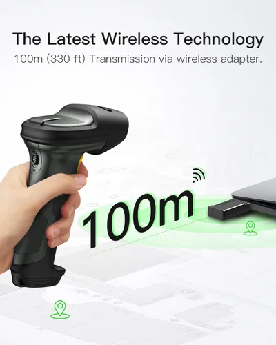 Vista 3 de Inateck Escáner de código de barras súper inalámbrico, rango de transmisión de hasta 330 pies, adaptador inalámbrico y Bluetooth integrado, tiempo