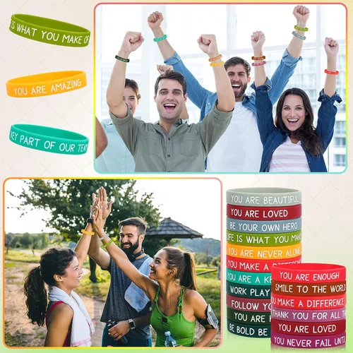 Vista 7 de JUNEBRUSHS 64 piezas de pulseras de silicona motivacionales a granel, pulseras de goma coloridas e inspiradoras, unisex para estudiantes, maestros