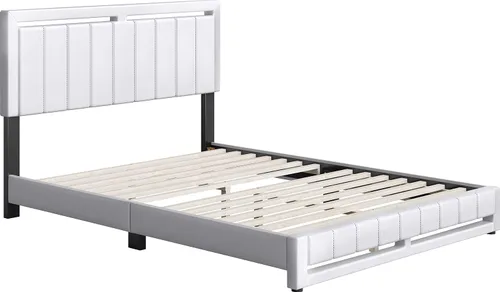 Vista 3 de Beaumont - Cama de plataforma tapizada con cabecero, base de colchón con 14 soportes de listones de madera, no requiere somier, piel sintética