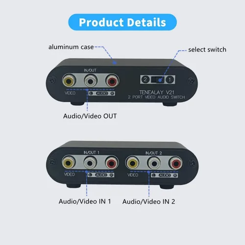 Vista 5 de Interruptor AV de 2 vías RCA Switcher 2 en 1 Salida Video compuesto L/R Caja selector de audio estéreo para consolas de juegos DVD STB -V21