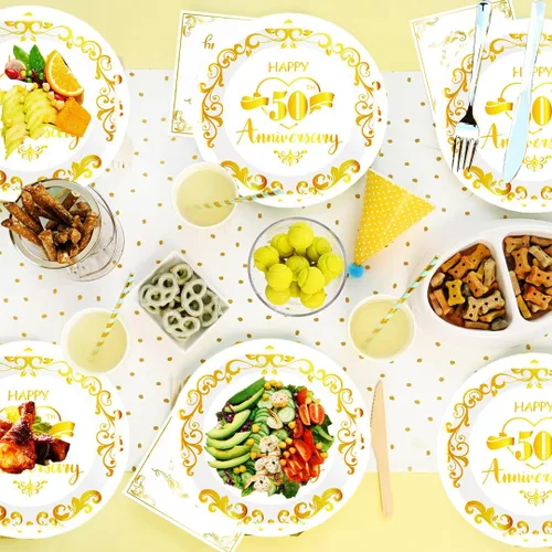 Vista 7 de 80 platos de papel para aniversario del 50 aniversario, suministros de fiesta de boda dorados, platos de postre de 7 pulgadas, para decoración