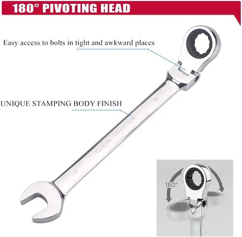 Vista 2 de Llave de carraca métrica de 8 mm con cabezal flexible, llave combinada de carraca de 72 dientes con cabeza de caja