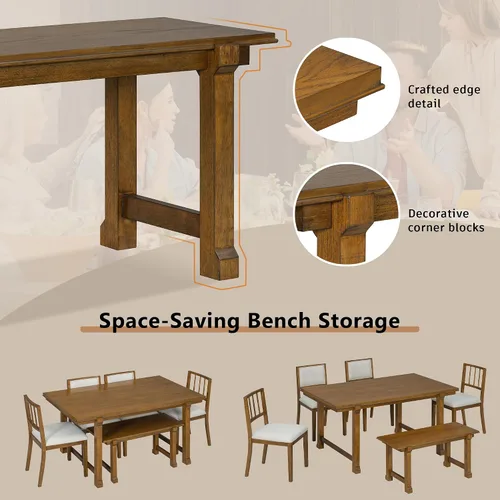 Vista 209 de Juego de mesa de comedor vintage de 6 piezas, juego de mesa de comedor de cocina de madera maciza con 4 sillas ergonómicas acolchadas y banco, mesa