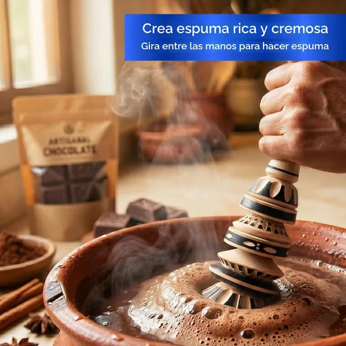 Vista 3 de Auténtico espumador artesanal de chocolate caliente Molinillo (grande) - Batidor de madera hecho a mano para chocolate caliente mexicano - Wisk