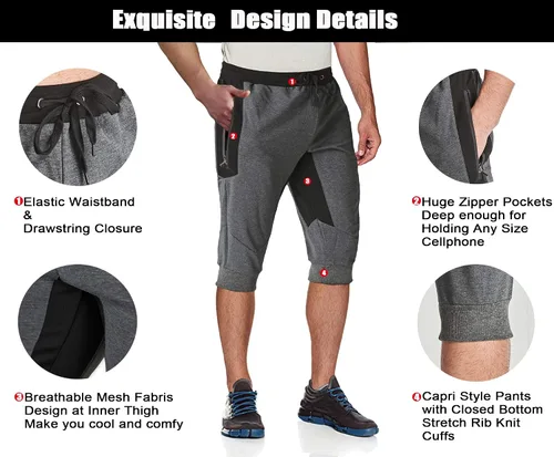 Vista 3 de MAGCOMSEN Pantalones capri de 34 para hombre con bolsillos con cremallera, ajustados, para entrenamiento, correr, entrenamiento, pantalones capri