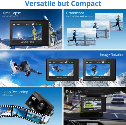 Vista 5 de Dragon Touch Action Camera Vision 3 4K 20MP Cámara impermeable subacuática con control remoto 170° gran angular WiFi Cámara deportiva con kit