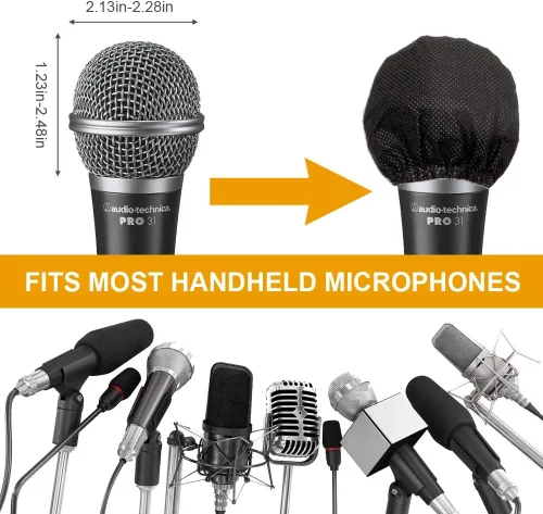 Vista 3 de 200 fundas desechables para micrófono, no tejidas con banda elástica de mano, funda protectora para parabrisas de micrófono para KTV, karaoke
