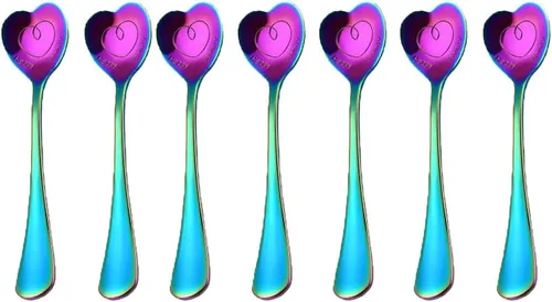 Vista 10 de Juego de 7 cucharas en forma de corazón de acero inoxidable, incluye café, postre, helado, té y cucharas de amor, perfecto y lindo (morado)