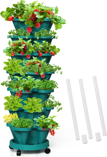 Vista 19 de Macetas verticales de fresa, paquete de 2 unidades, torre apilable de 5 niveles con poste de soporte, macetas apilables para hierbas y verduras