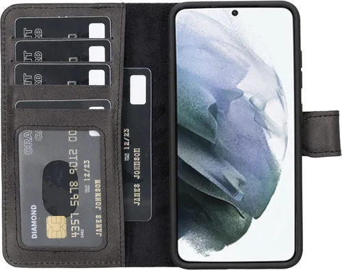 Vista 35 de HARDISTON Funda tipo cartera compatible con Samsung Galaxy S21, hecha a mano, de piel auténtica, cubierta magnética desmontable tipo flip con Negro