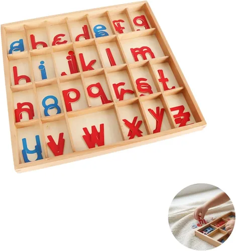 Vista 5 de Bosreroy Moveable Alphabet, Wooden Alphabets with Box and Blanket, for Early Education, Small Cursive Letters, 13.6 X 13.0 X 1 in Set