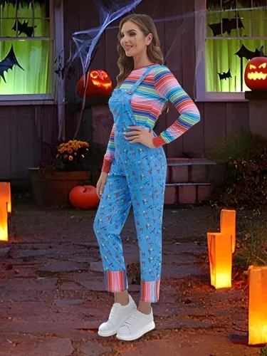 Vista 5 de Disfraz de dibujos animados de Halloween para mujer, overol azul y camisa a rayas