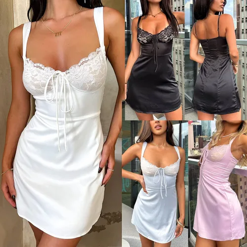 Vista 6 de UAURORAO Vestido corto sexy con tirantes delgados para mujer, con bordado de encaje floral, vestido corto de satén, sin mangas, vestido de flores Y2K