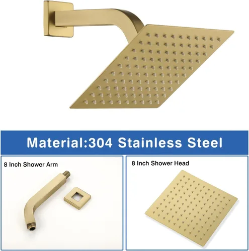 Vista 3 de JOYWELL - Grifo de ducha dorado cepillado, cabezal de ducha de 8 pulgadas Accesorios de ducha de equilibrio de presión de 2 funciones,Pulverizador