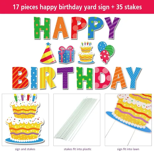 Vista 2 de Yulejo Letreros de feliz cumpleaños de 17 piezas, letras de 16 pulgadas, letreros de césped con estacas, impermeables, multicolor