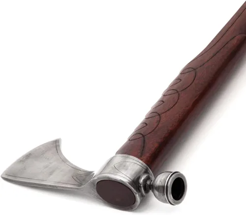 Vista 2 de Hacha forjada a mano Tomahawk de acero de alto carbono con mango de madera tallada a mano y linework adornado Reproducción histórica funcional