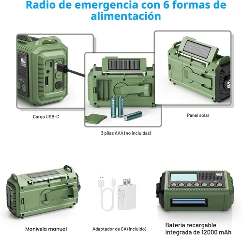 Vista 4 de Eoxsmile NOAA - Radio meteorológica de 12000 mAh, radio de emergencia con manivela manual, solar, funciona con pilas, radio portátil de onda corta