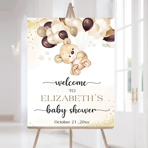 Vista 26 de Letrero de bienvenida personalizado para baby shower con soporte, decoración temática de baby shower con globo, decoración de oso para baby shower