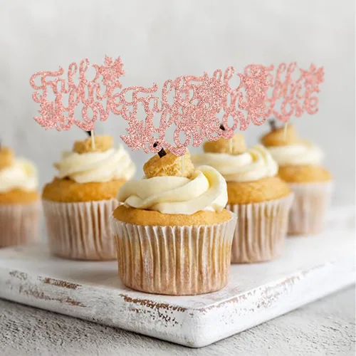 Vista 4 de Gyufise 24 piezas de decoración para cupcakes de otoño con purpurina de oro rosa para despedida de soltera, decoración de cupcakes de boda