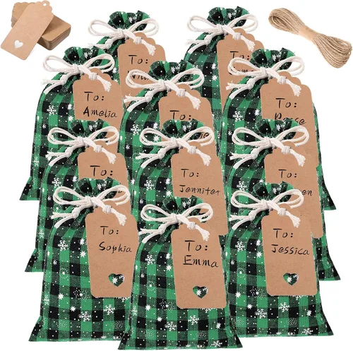 Vista 9 de Shappy 24 bolsas de Navidad con cordón, bolsas de arpillera a cuadros de Navidad, bolsas de lino con cuerda de 32.8 pies, 24 tarjetas