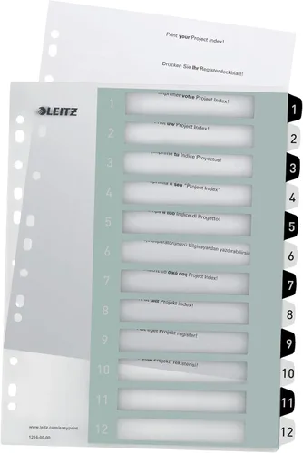 Vista 4 de Leitz Índice para A4, hoja de cubierta para PC y 12 divisores, pestañas con impresión numérica 1-12, extra anchas, blanco/negro, polipropileno, WOW
